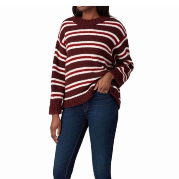 THE GREAT Cozy Crew Wool/Mohair Knit Sweater In Winterberry Stripes - Picture 1 of 8